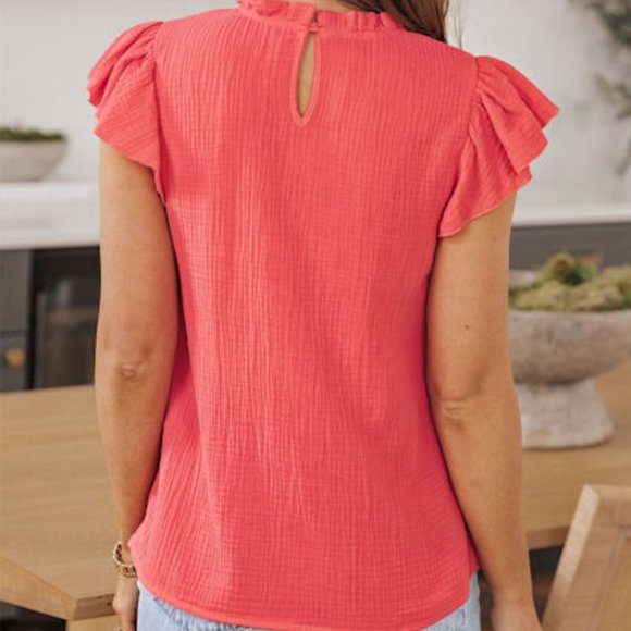 023. Rose Flutter Sleeve Frilled Neck Textured Blouse  Size M - Picture 5 of 11